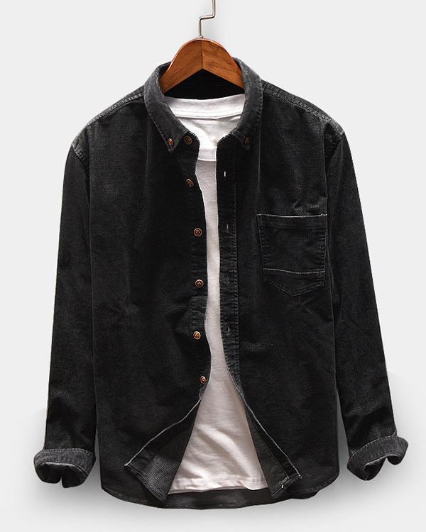 Men Casual Corduroy Loose Long Sleeve Shirt Turndown Collar Jacket Shirts