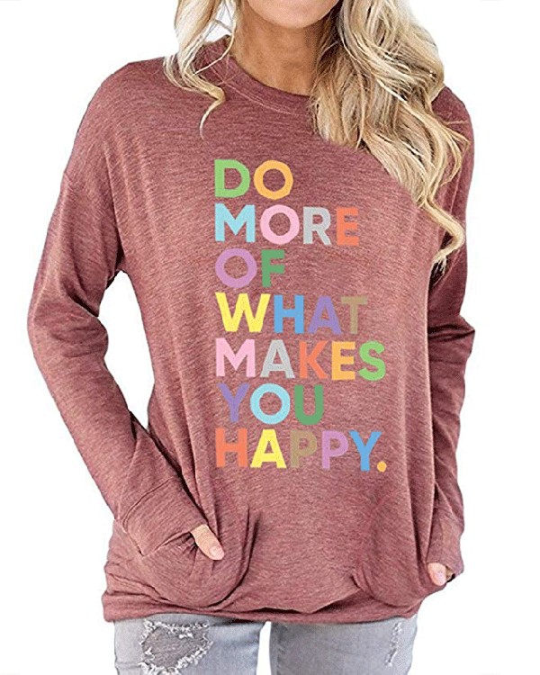 Colorful Letters Printed Pocket Round Neck Long Sleeve T-shirt