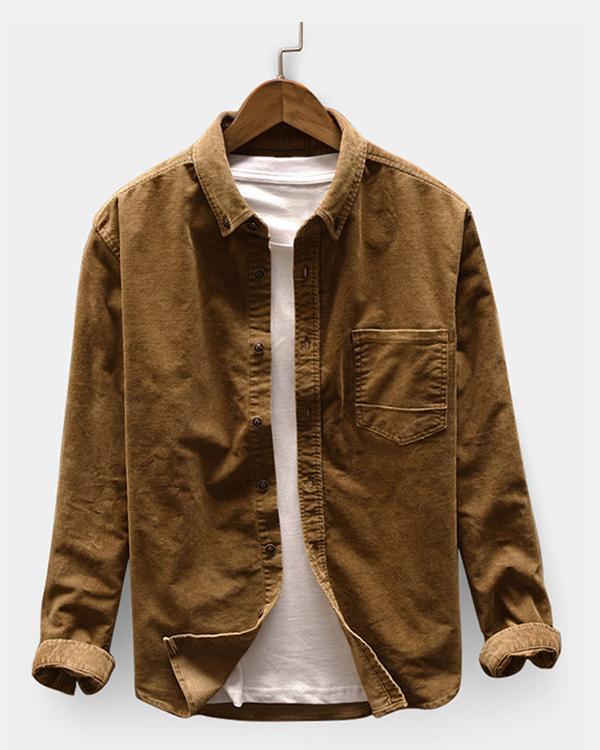 Men Casual Corduroy Loose Long Sleeve Shirt Turndown Collar Jacket Shirts