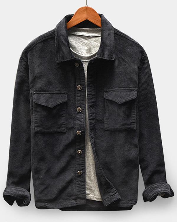 Casual Vintage Turn Down Collar Corduroy Shirt Long Sleeve Button Down Jacket for Men