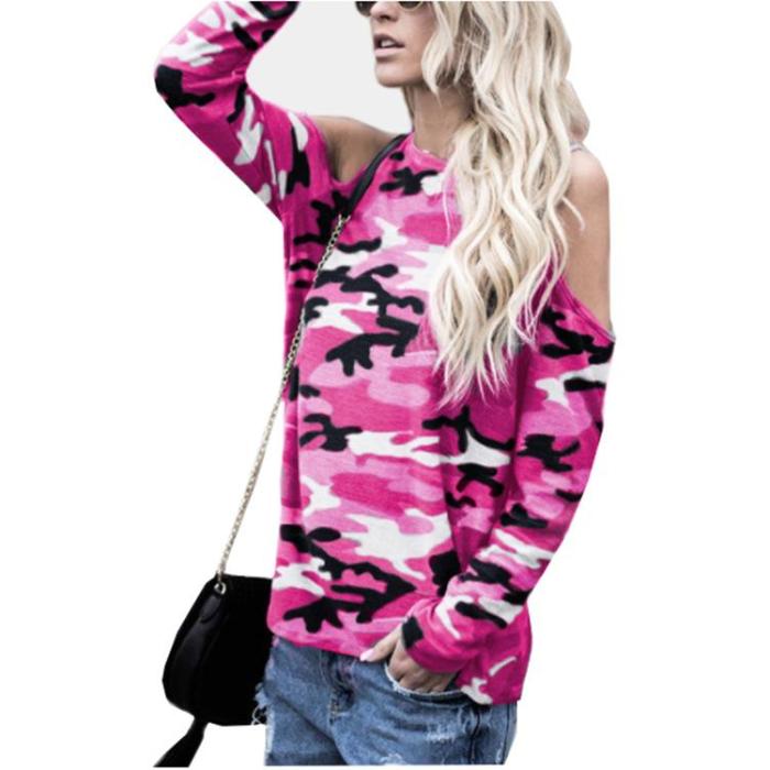 Camouflage Round Neck Cold Shoulder Long Sleeves T-shirt