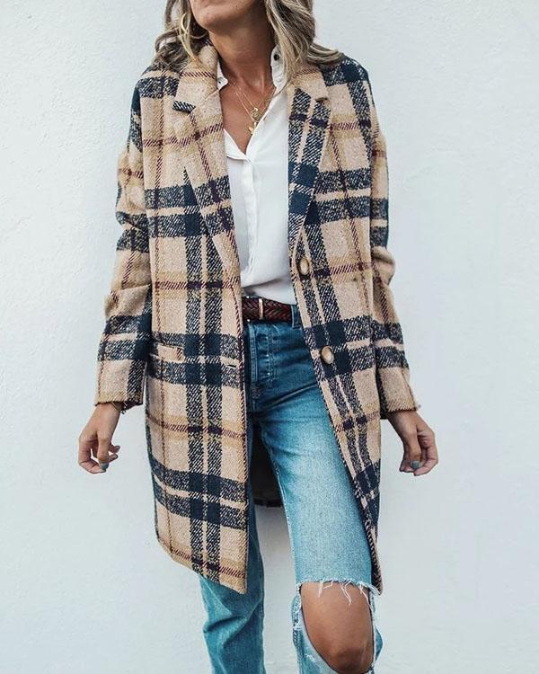 Vintage Lapel Collar Casual Check Wool Coat