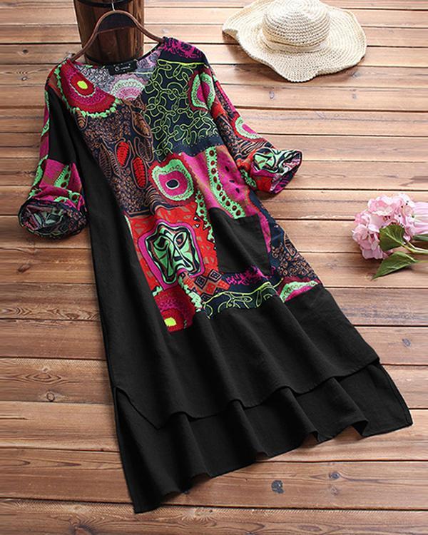 Plus Size Tunic Geometric V-Neckline Casual Midi Plus Dress