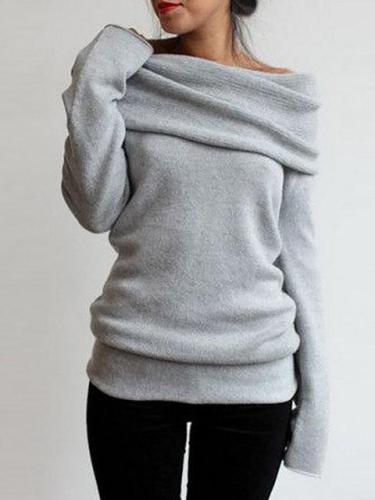 Casual Cowl Neck Knitted Long Sleeve Solid Sweater