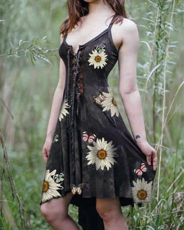 Women's Slim Irregular Hem Sunflower Butterfly Print Dress