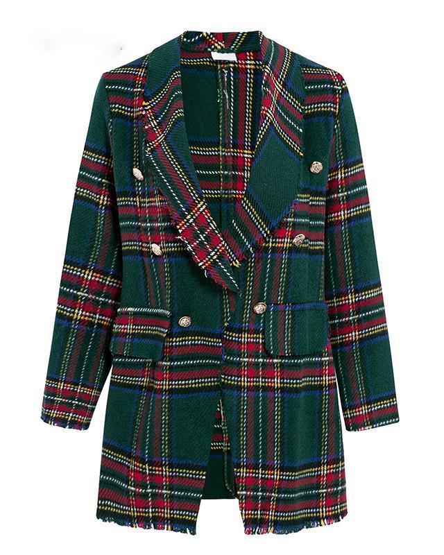 Plaid Vintage Women Jacket  Long Sleeve Outerwear Coat