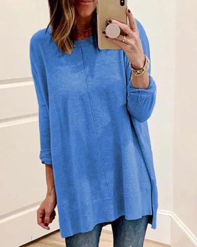 Plus Size Casual Long Sleeve Crew Neck Solid Tops