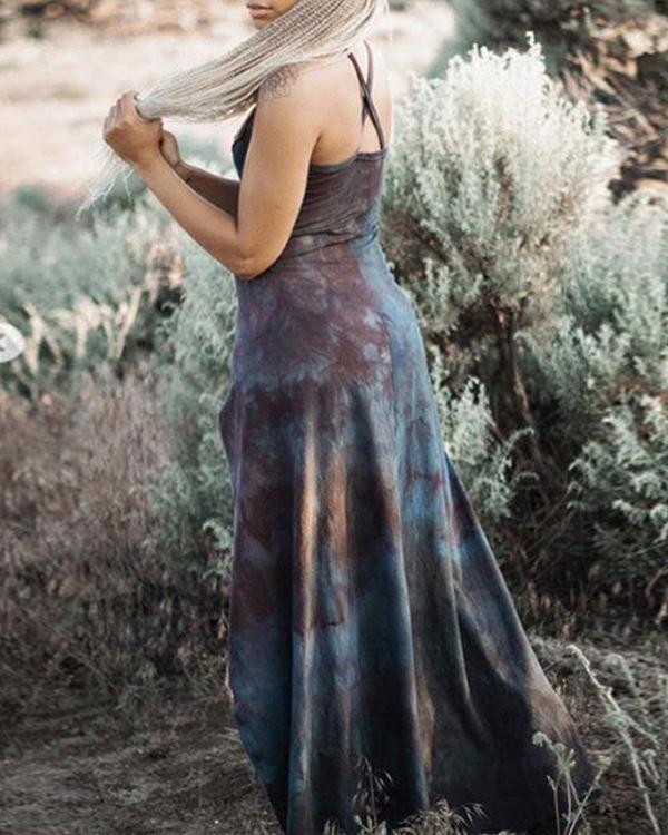 Women's Retro Dyeing Lace Sun and Moon Print Split Dress