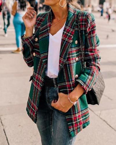 Plaid Vintage Women Jacket  Long Sleeve Outerwear Coat
