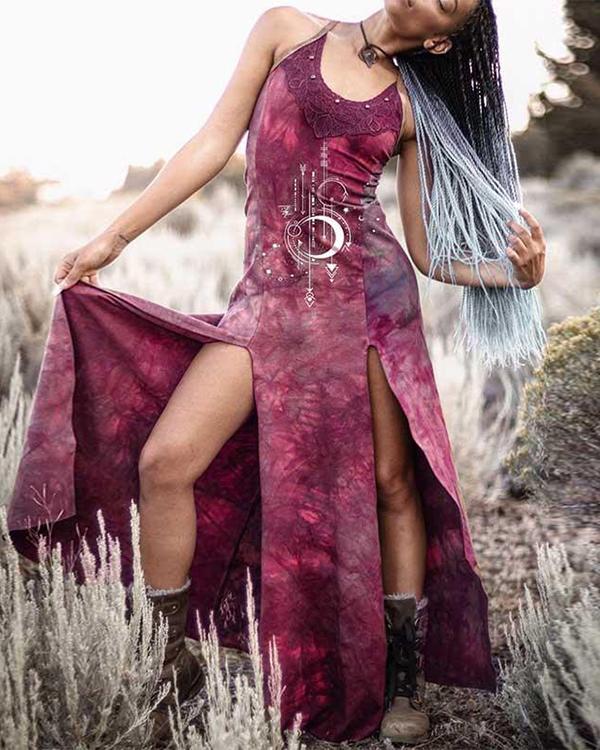 Women's Retro Dyeing Lace Print Split Dress