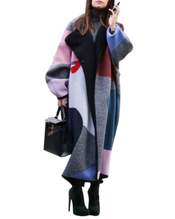 Fashion Color Matching Lapel Wool Long Coat