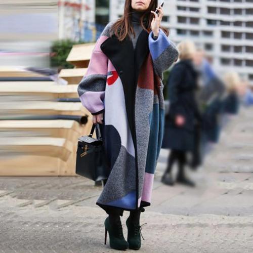Fashion Color Matching Lapel Wool Long Coat