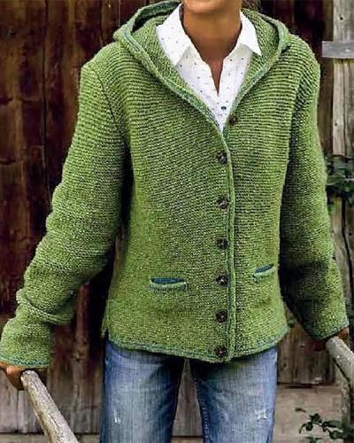 Hooded Long Sleeve Knitted Cardigan Sweater Outerwear