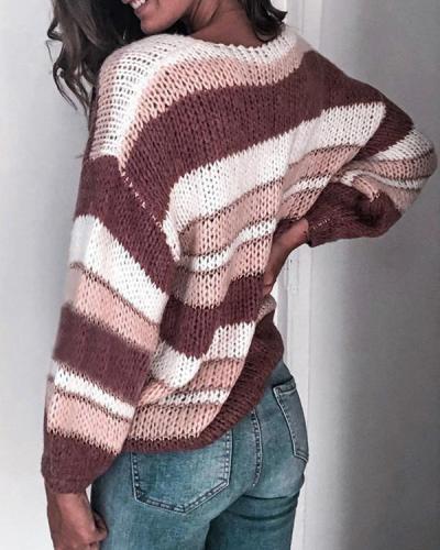 V Neck Color-Block Long Sleeve Sweater