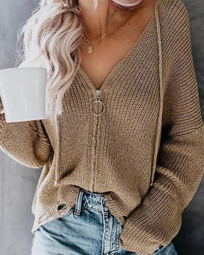 Solid Knitted Zipper Sweater