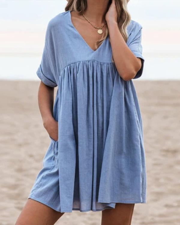 Casual V Neck Daily Fashion Pleated Mini Dresses