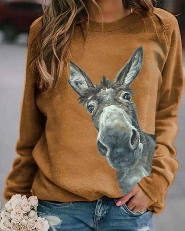 Women Animal Print Casual Round Neckline Sweatshirts Tops
