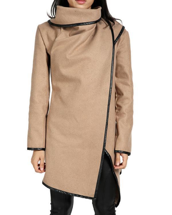Turtle Neck Front Wrapped Zipper Trench Long Sleeve Coat