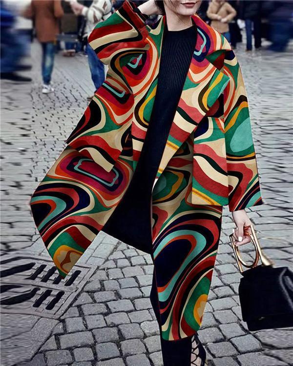 Fashion Turndown Collar Printed Color Long Sleeve Pocket Coat