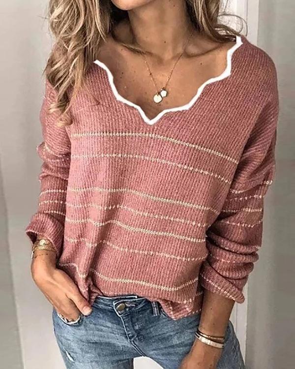 V-Neck Long Sleeve Striped Casual Sweaters