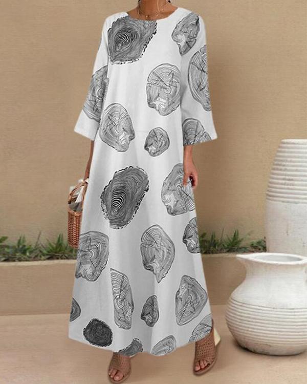 Casual Printed O-neck Side Pockets 3/4 Length Sleeve Maxi Dress