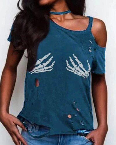 One Shoulder Short Sleeve Printed Hollow Shirts & Tops