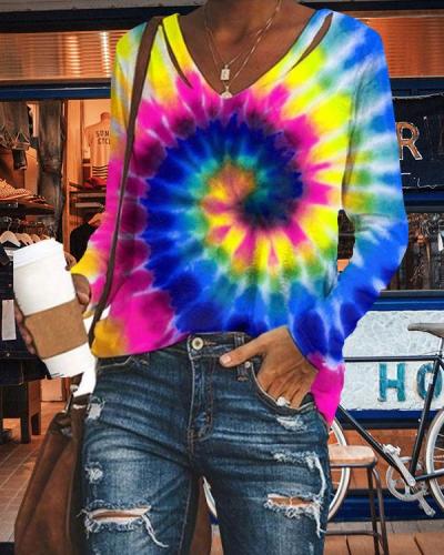 Women V-neck Casual Tie Dye Shirts