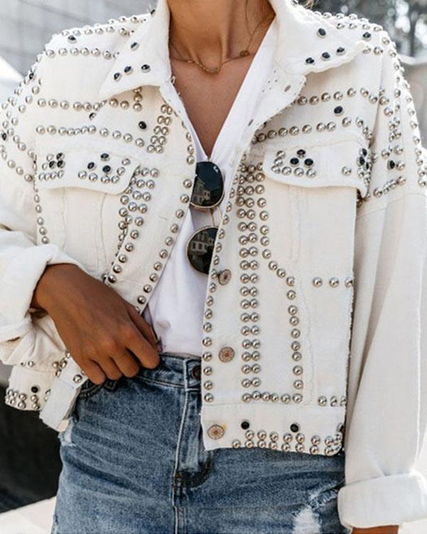 White Button Down Studded Long Sleeve Fashion Denim Jackets Women Jacket