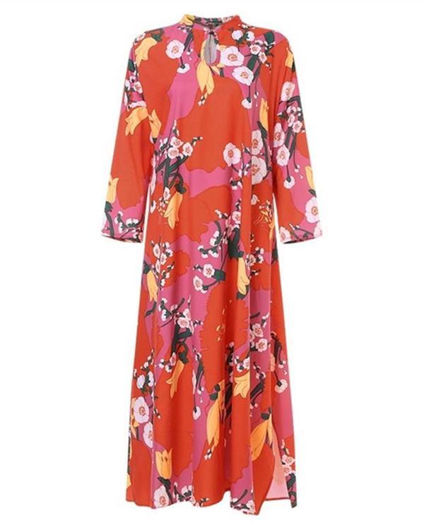 Women Vintage Plus Size Flower Print Half Sleeve Maxi Dress