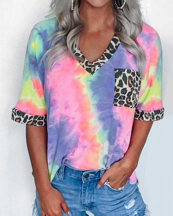 Tie Dye Leopard Splicing Pocket T-Shirt Tee