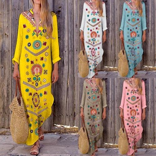 V-Neck Bohemian Printed Long Sleeve Maxi Dress