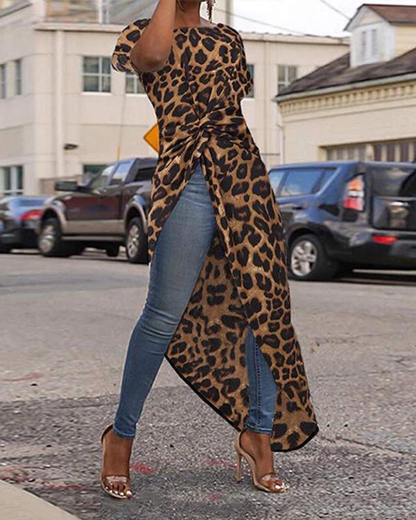Women Loose High Low Tops Leopard Print Casual Shirts