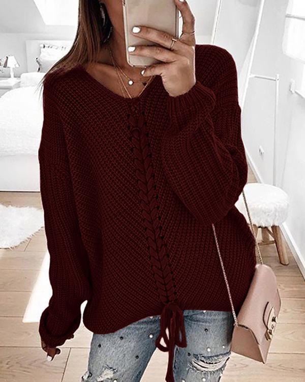 V-Neckline Solid Casual Loose Lace up A-line Sweaters
