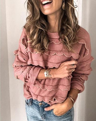Women's Casual Round Neck Long Sleeve Pure Color Sweater