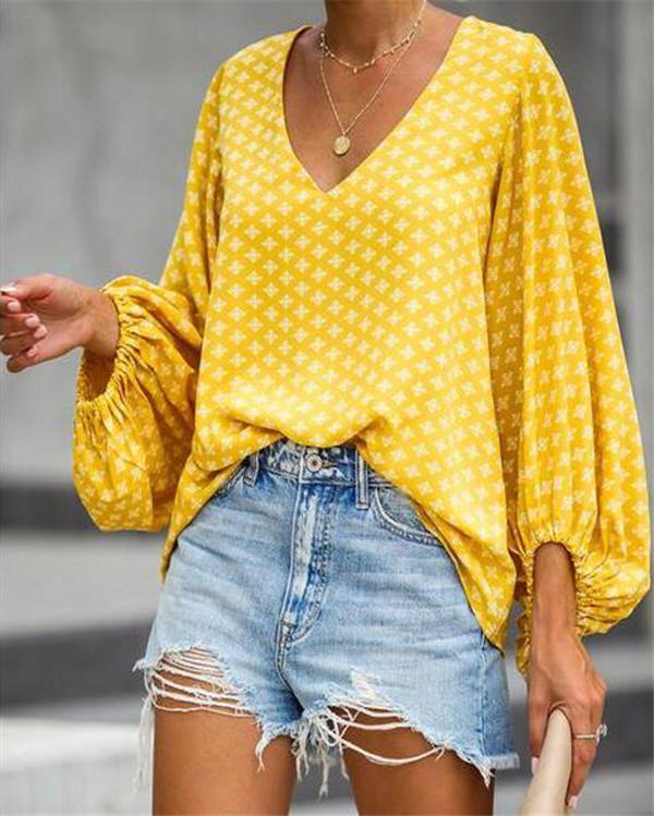 V Neck Lantern Sleeve Women Holiday Daily Blouse