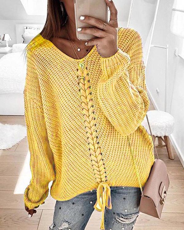 V-Neckline Solid Casual Loose Lace up A-line Sweaters