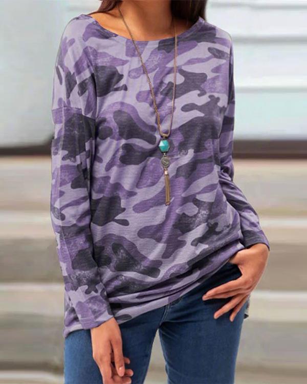 Plus Size Camo Round Neck Long Sleeve Casual Loose Fit T-shirt