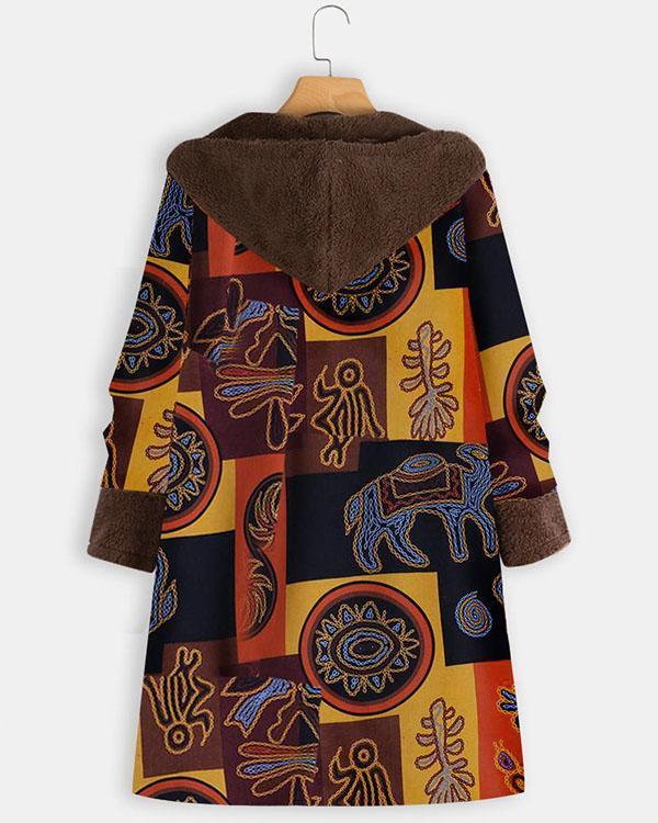 Vintage Print Fleece Hooded Winter Plus Size Long Coat