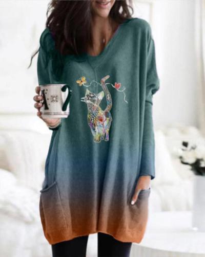 Ombre Cartoon Cat Print Long Sleeve Pockets Casual Blouses Tops