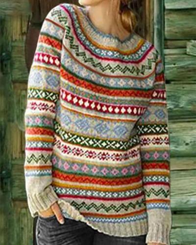 Color-Block Crew Neck Long Sleeve Geometric Sweater