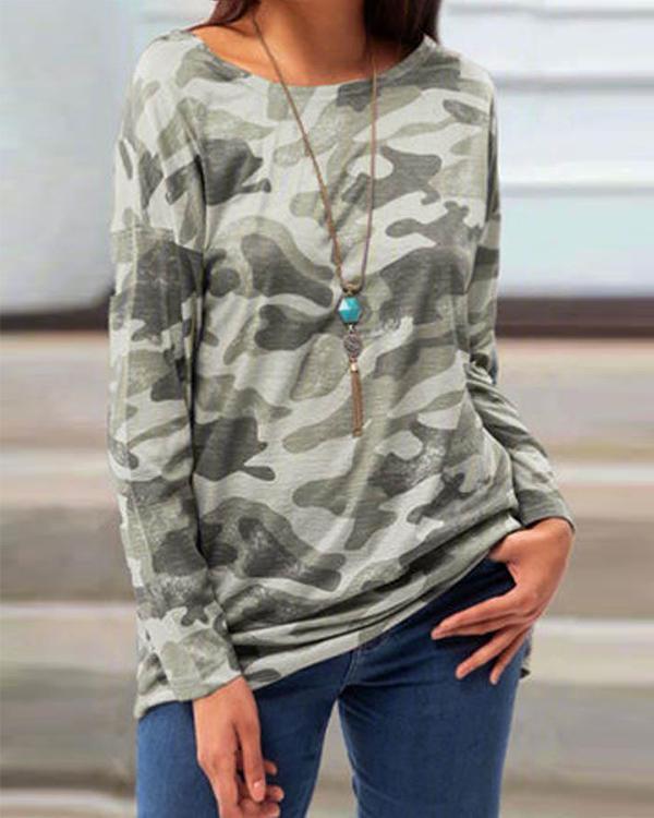 Plus Size Camo Round Neck Long Sleeve Casual Loose Fit T-shirt