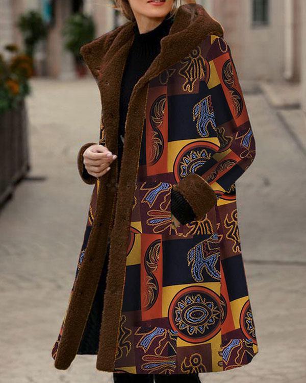 Vintage Print Fleece Hooded Winter Plus Size Long Coat