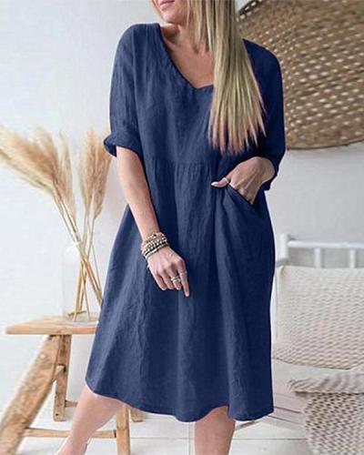 Plus Size Solid Pleated V-neck Half Sleeve Vintage Loose Midi Dress