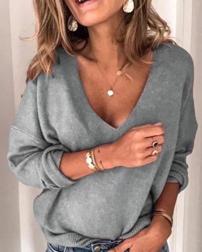 Plus Size Casual Solid V Neck Long Sleeve Sweater