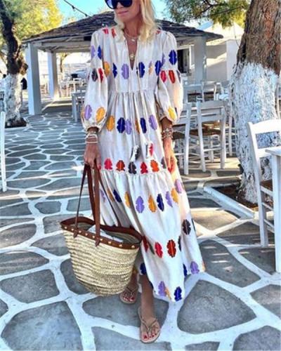 Fashion Casual Print V Neck Puff Sleeve Maxi Dresses