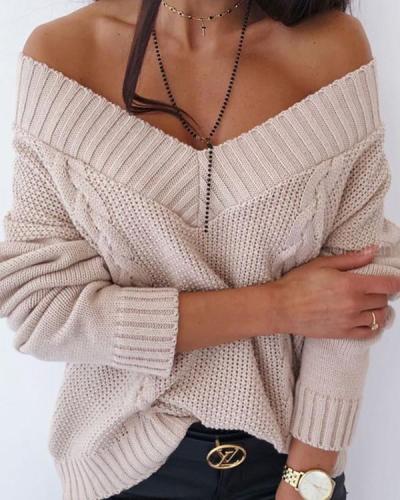 V-Neckline Solid Casual Loose Off Shoulder Sweaters