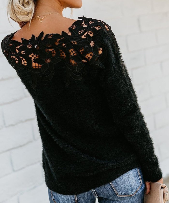 Women Off Shoulder Lace Patchwork Long Sleeve Sweaters Tops
