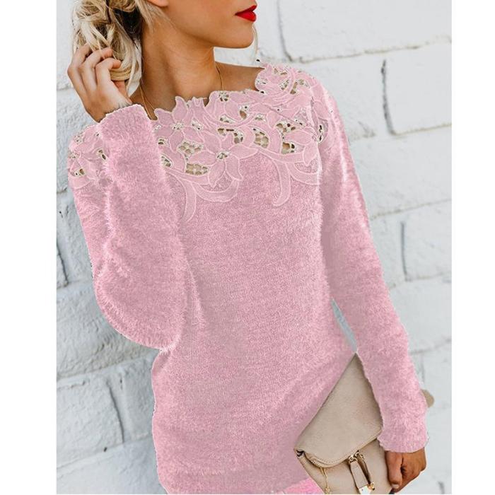 Women Off Shoulder Lace Patchwork Long Sleeve Sweaters Tops