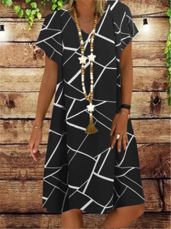 Women Casual V-Neck Irregular Cross Line Print Short Sleeve Summer Dress