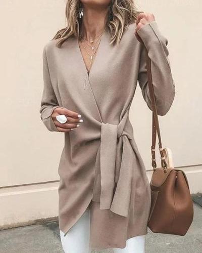 Khaki Cotton Long Sleeve Casual Solid V neck Cardigan